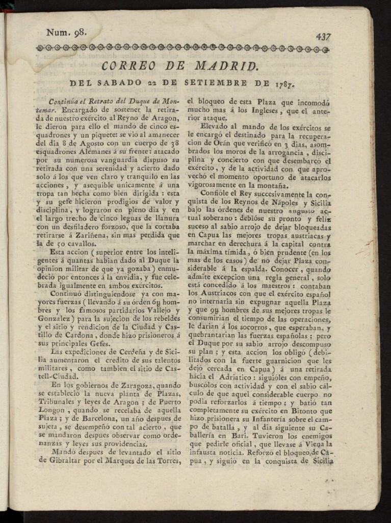 Miniatura de Correo de los Ciegos de Madrid del 22 de septiembre de 1787, nº 98