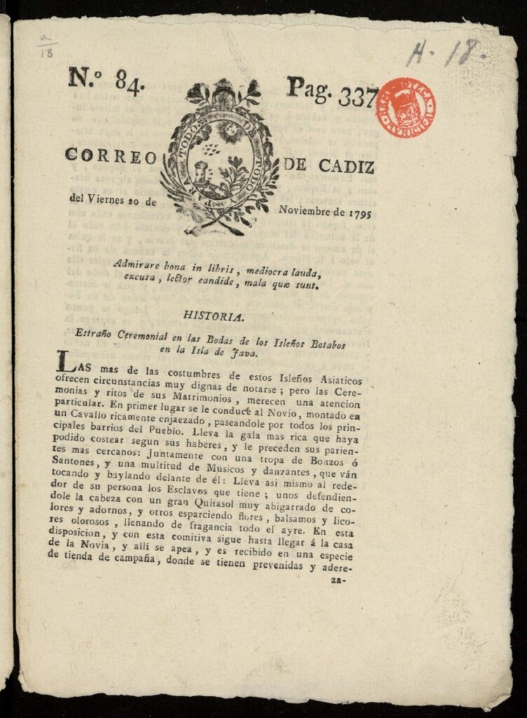Miniatura de Correo de Cádiz del 20 de noviembre de 1795, nº 84