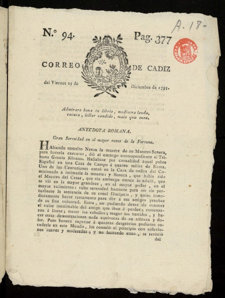 Miniatura de Correo de Cádiz del 25 de diciembre de 1795, nº 94