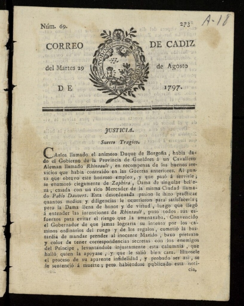 Miniatura de Correo de Cádiz del 29 de agosto de 1797, nº 69