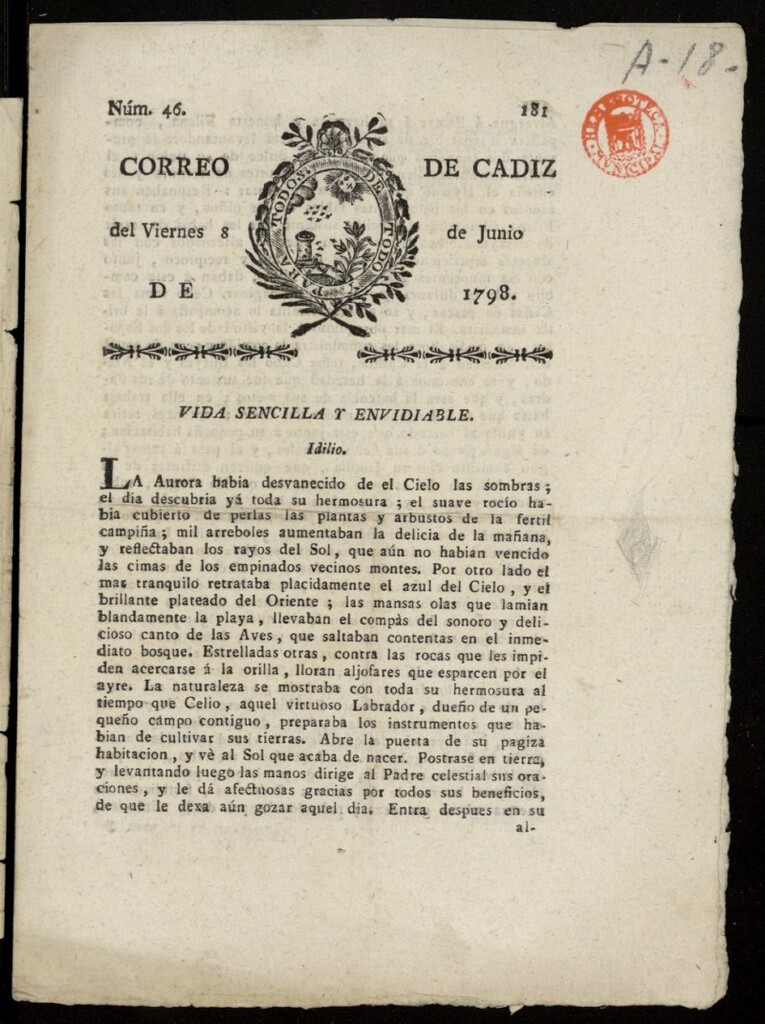 Miniatura de Correo de Cádiz del 8 de junio de 1798, nº 46