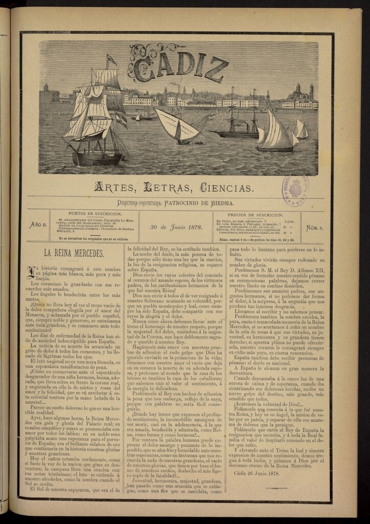 Miniatura de Cádiz: letras, ciencias y artes del 30 de junio de 1878