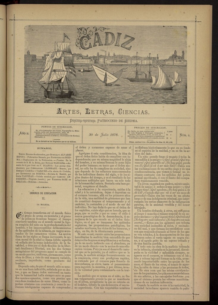 Miniatura de Cádiz: letras, ciencias y artes del 30 de julio de 1878
