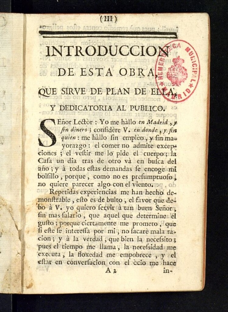 Miniatura de Caxon de sastre o monton de muchas cosas, buenas, mejores, y medianas, etc.: Introducción de esta obra que sirve de plan de ella y dedicatoria al público