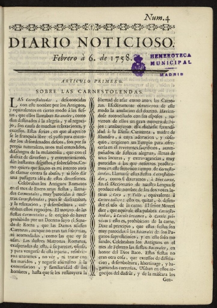 Miniatura de Diario Noticioso, Curioso-Erudito y Comercial del 6 de febrero de 1758, nº 4