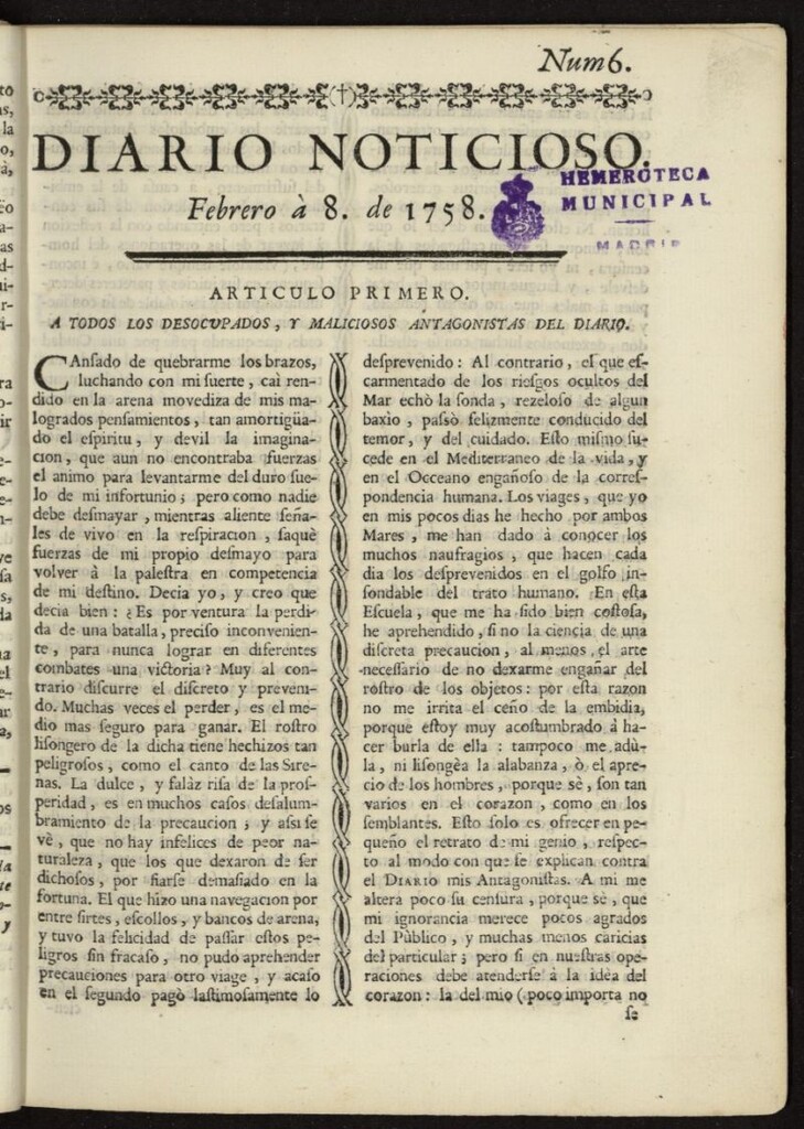 Miniatura de Diario Noticioso, Curioso-Erudito y Comercial del 8 de febrero de 1758, nº 6