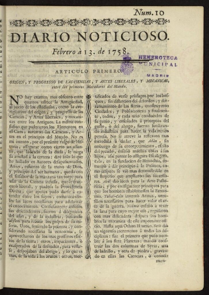 Miniatura de Diario Noticioso, Curioso-Erudito y Comercial del 13 de febrero de 1758, nº 10