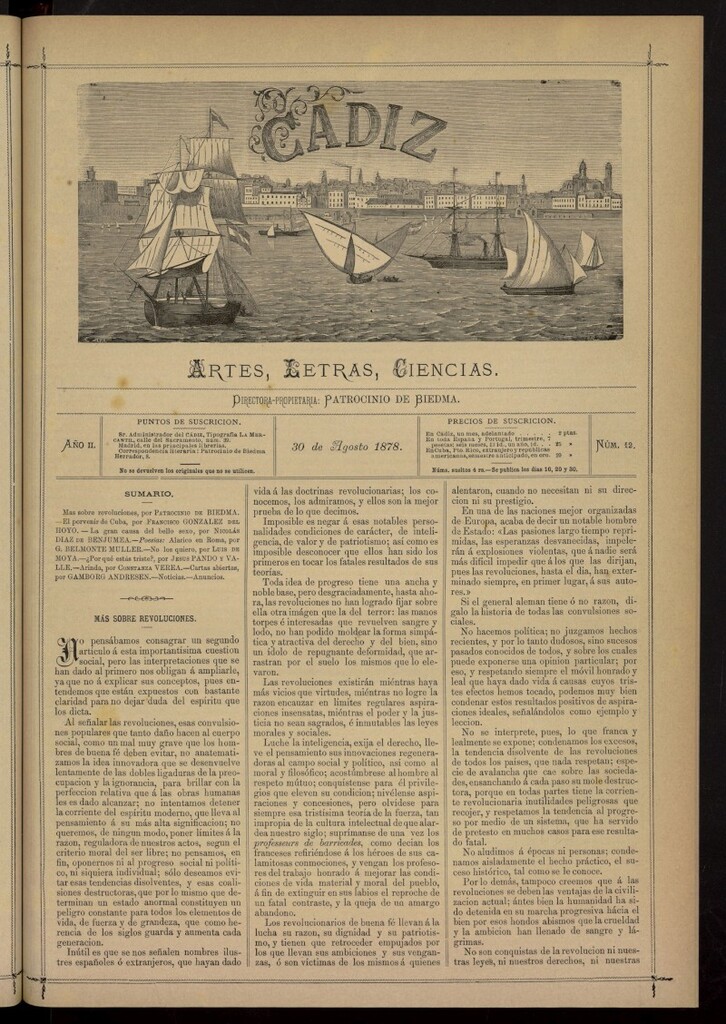Miniatura de Cádiz: letras, ciencias y artes del 30 de agosto de 1878