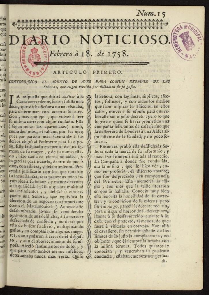 Miniatura de Diario Noticioso, Curioso-Erudito y Comercial del 18 de febrero de 1758, nº 15