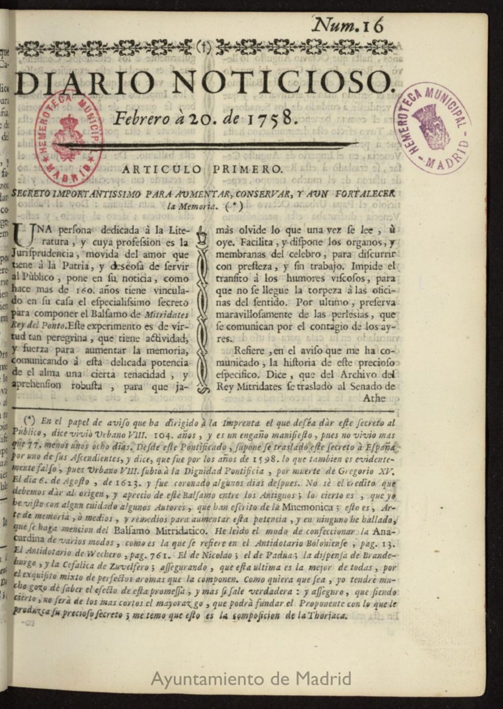Miniatura de Diario Noticioso, Curioso-Erudito y Comercial del 20 de febrero de 1758, nº 16