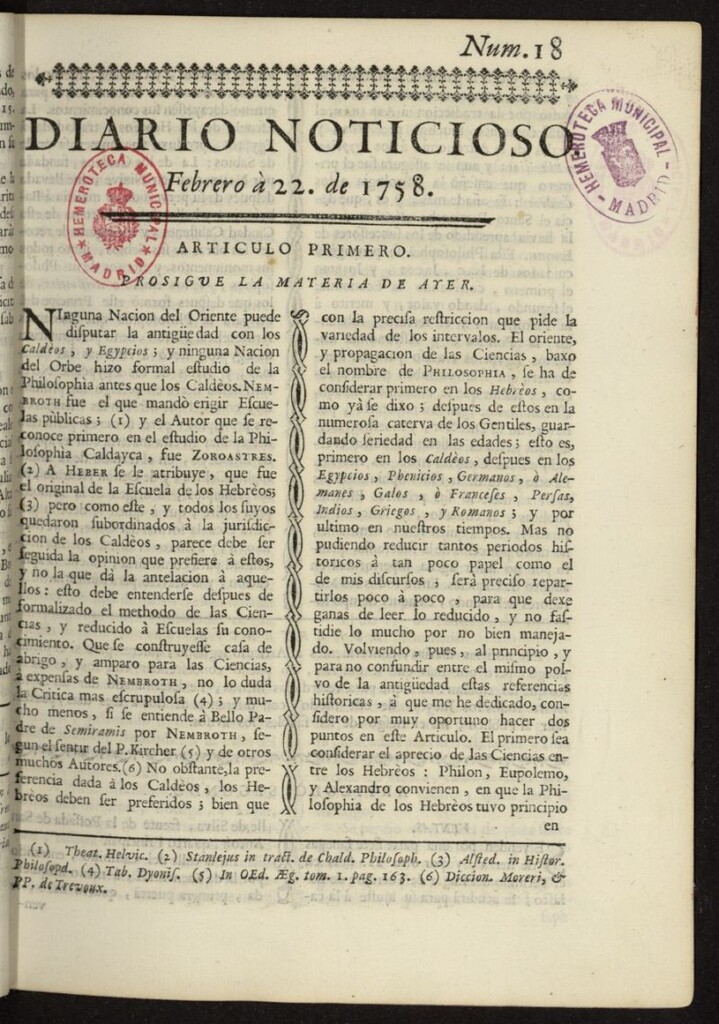Miniatura de Diario Noticioso, Curioso-Erudito y Comercial del 22 de febrero de 1758, nº 18