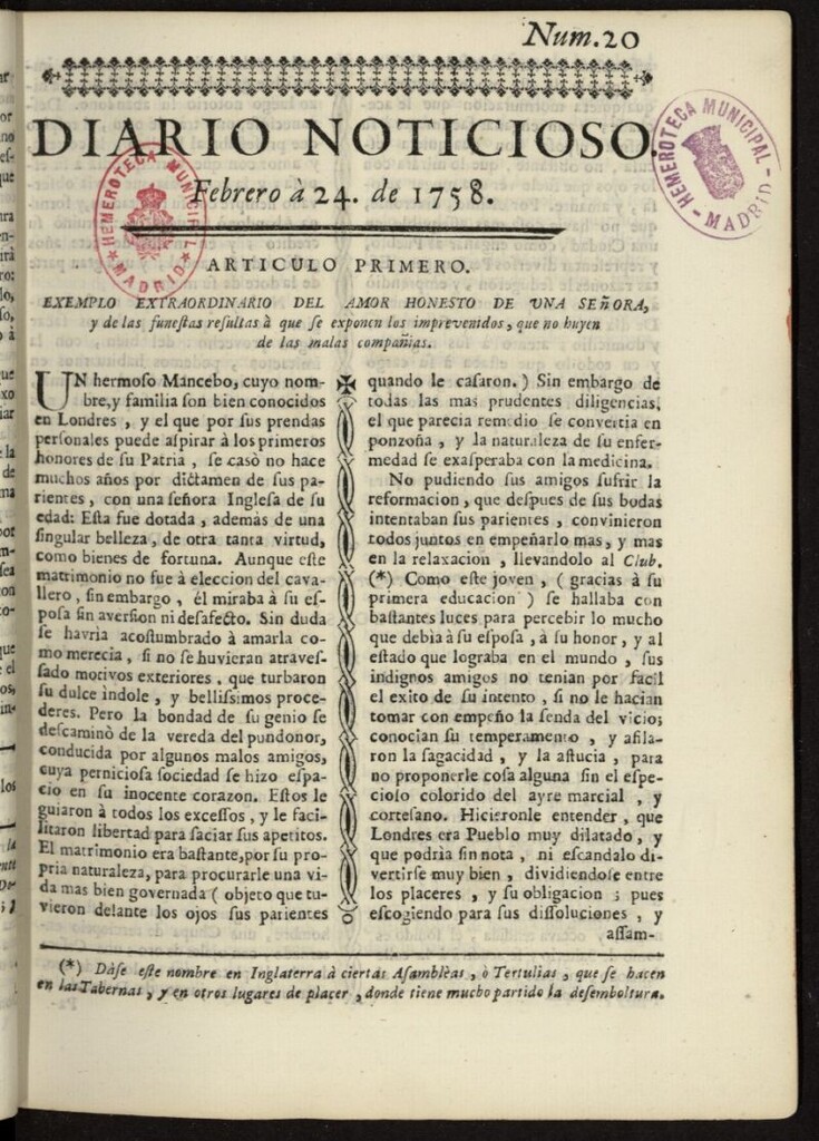 Miniatura de Diario Noticioso, Curioso-Erudito y Comercial del 24 de febrero de 1758, nº 20