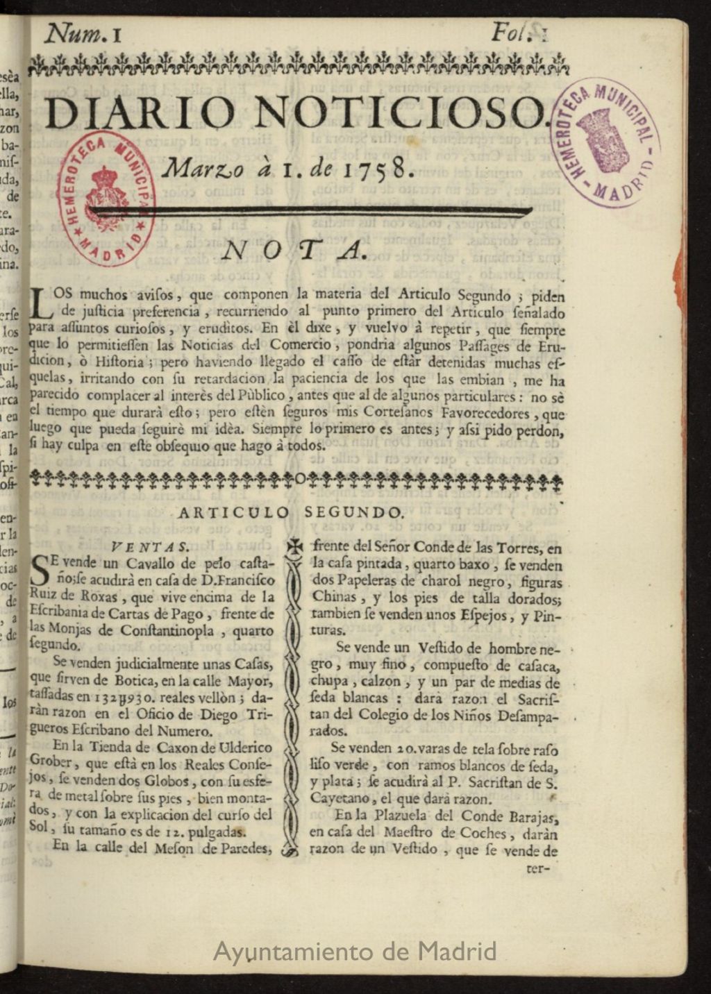 Miniatura de Diario Noticioso, Curioso-Erudito y Comercial del 1 de marzo de 1758, nº 1