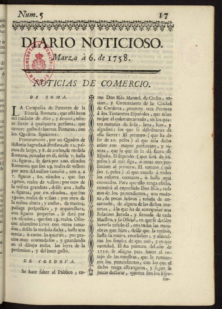 Miniatura de Diario Noticioso, Curioso-Erudito y Comercial del 6 de marzo de 1758, nº 5