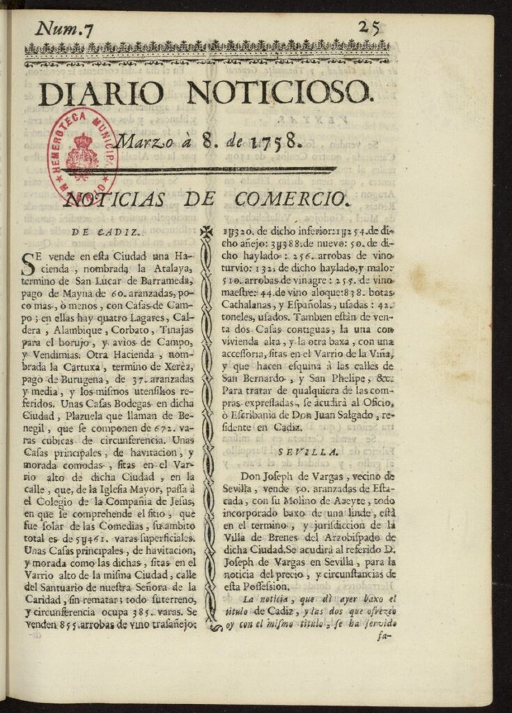 Miniatura de Diario Noticioso, Curioso-Erudito y Comercial del 8 de marzo de 1758, nº 7