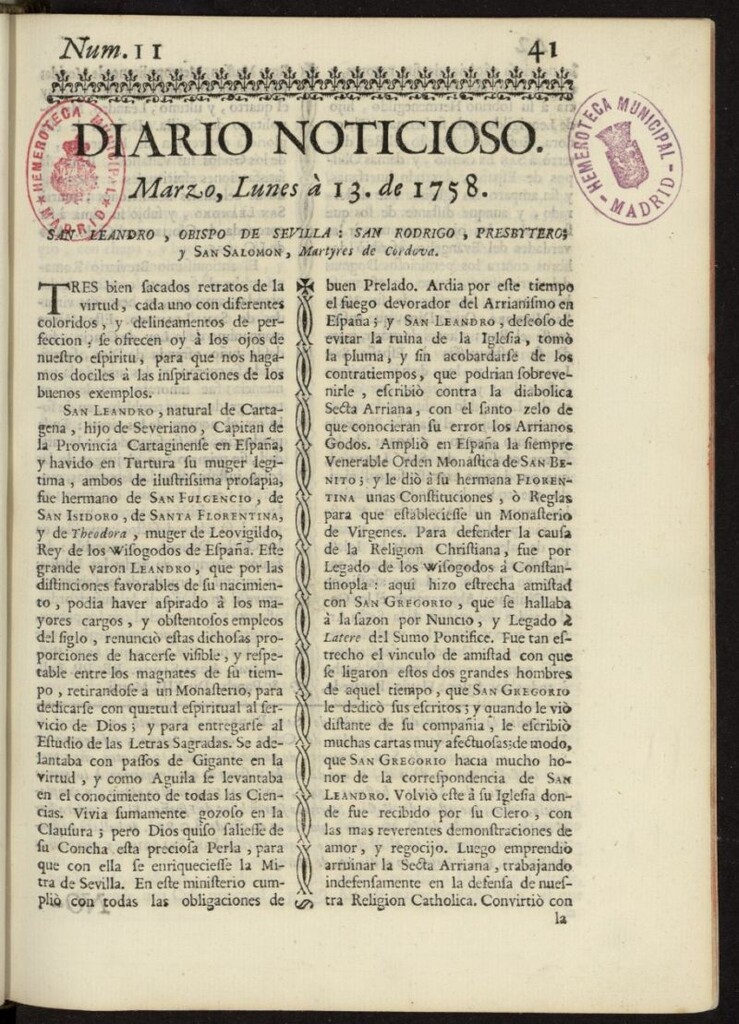 Miniatura de Diario Noticioso, Curioso-Erudito y Comercial del 13 de marzo de 1758, nº 11