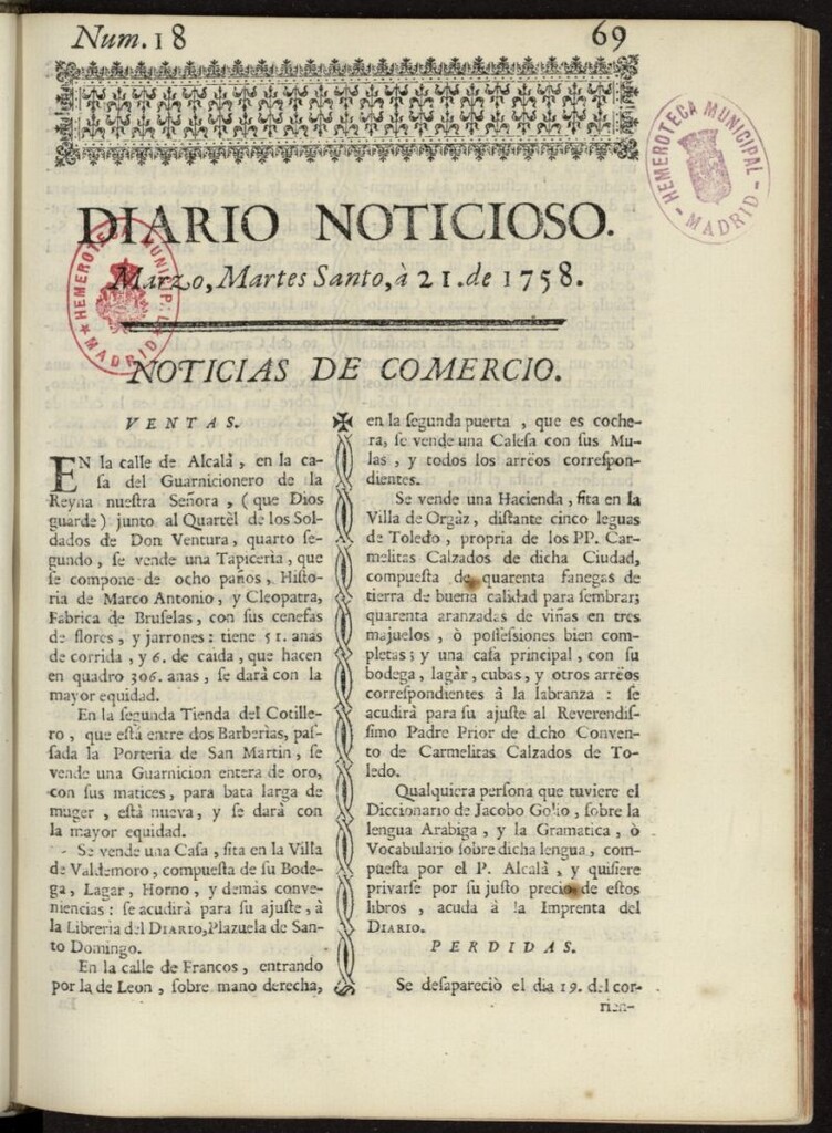 Miniatura de Diario Noticioso, Curioso-Erudito y Comercial del 21 de marzo de 1758, nº 18