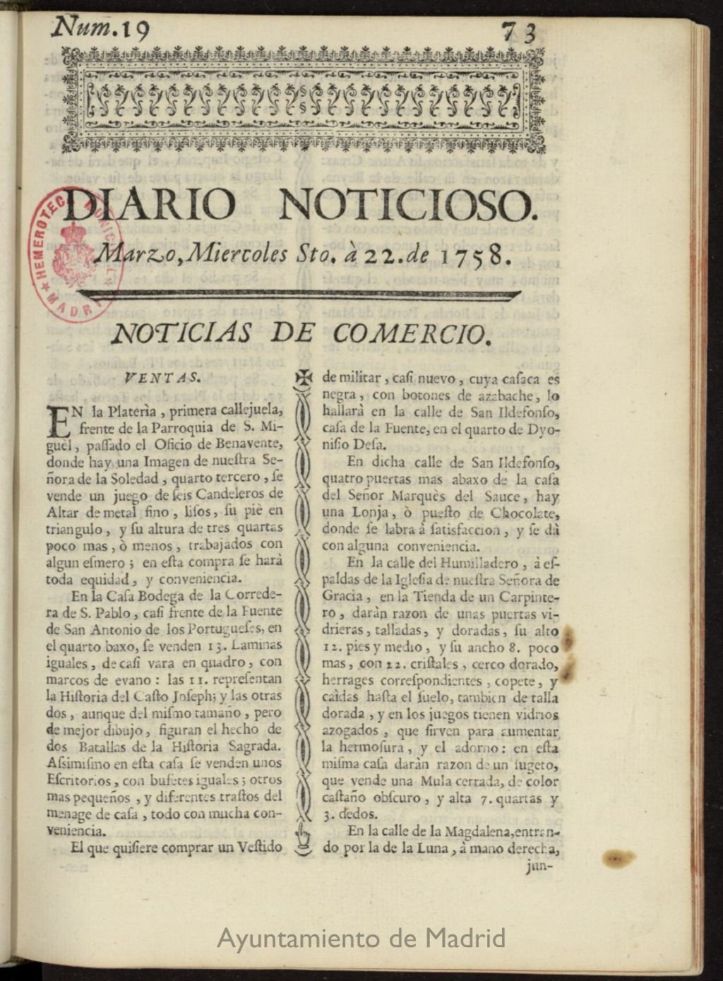 Miniatura de Diario Noticioso, Curioso-Erudito y Comercial del 22 de marzo de 1758, nº 19