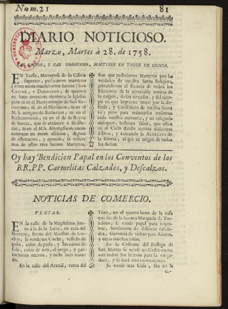 Miniatura de Diario Noticioso, Curioso-Erudito y Comercial del 28 de marzo de 1758, nº 21
