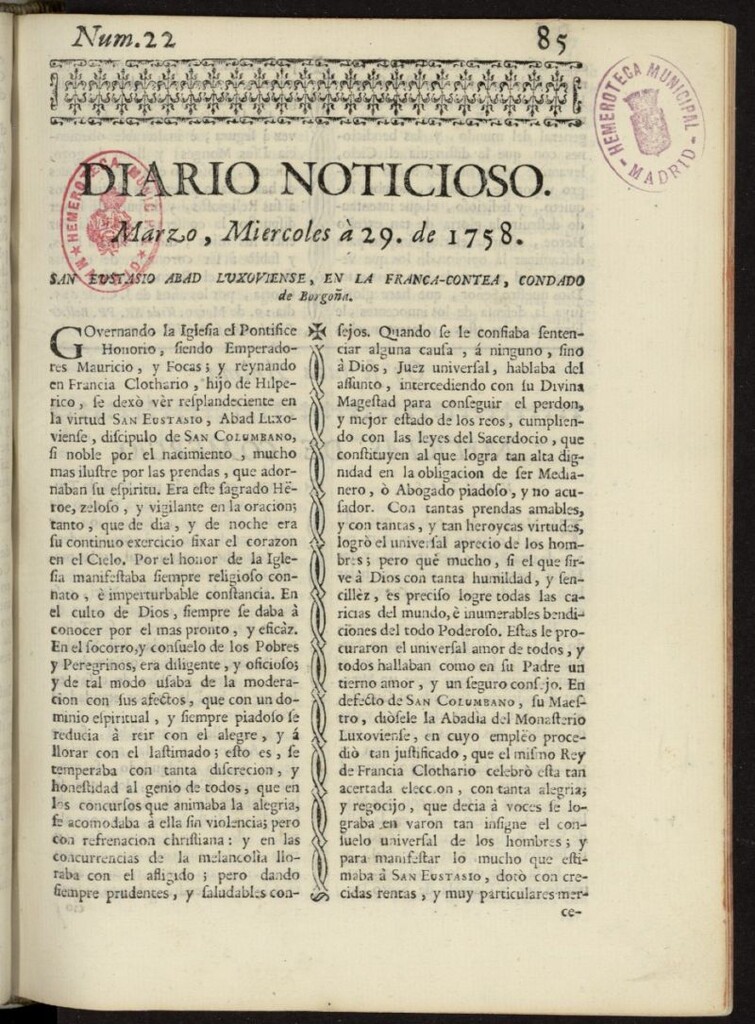 Miniatura de Diario Noticioso, Curioso-Erudito y Comercial del 29 de marzo de 1758, nº 22