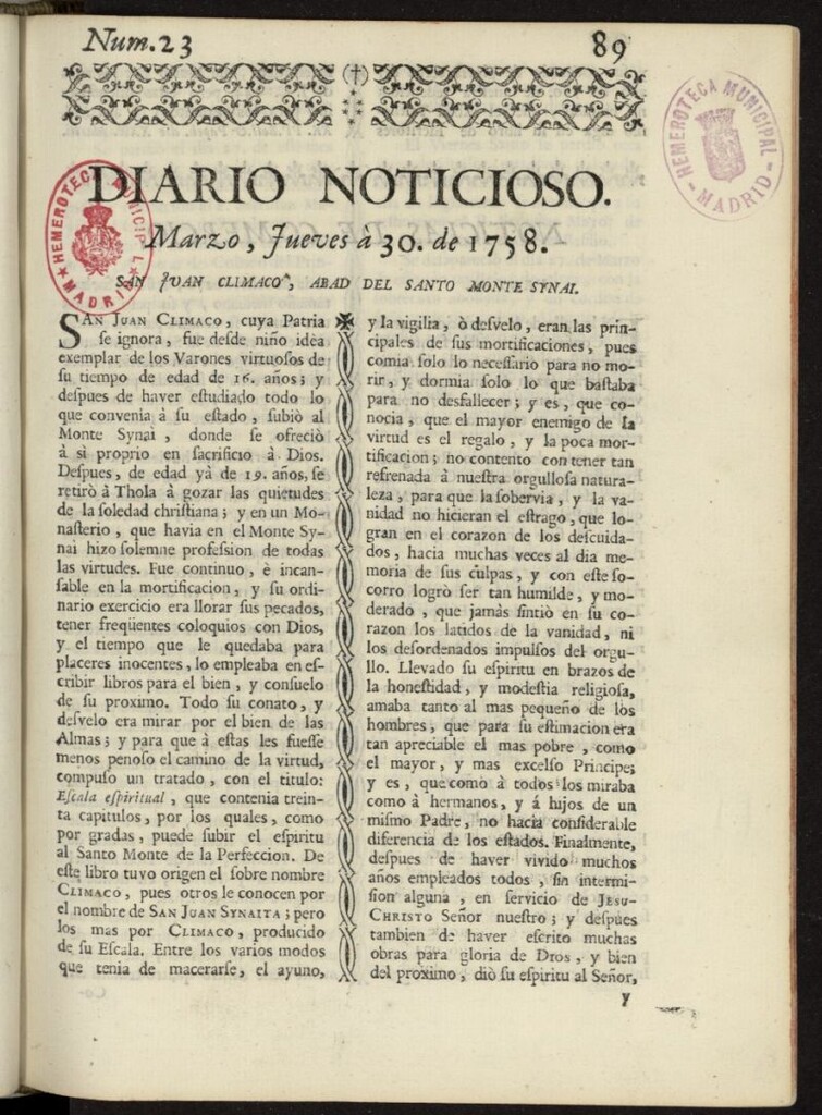 Miniatura de Diario Noticioso, Curioso-Erudito y Comercial del 30 de marzo de 1758, nº 23