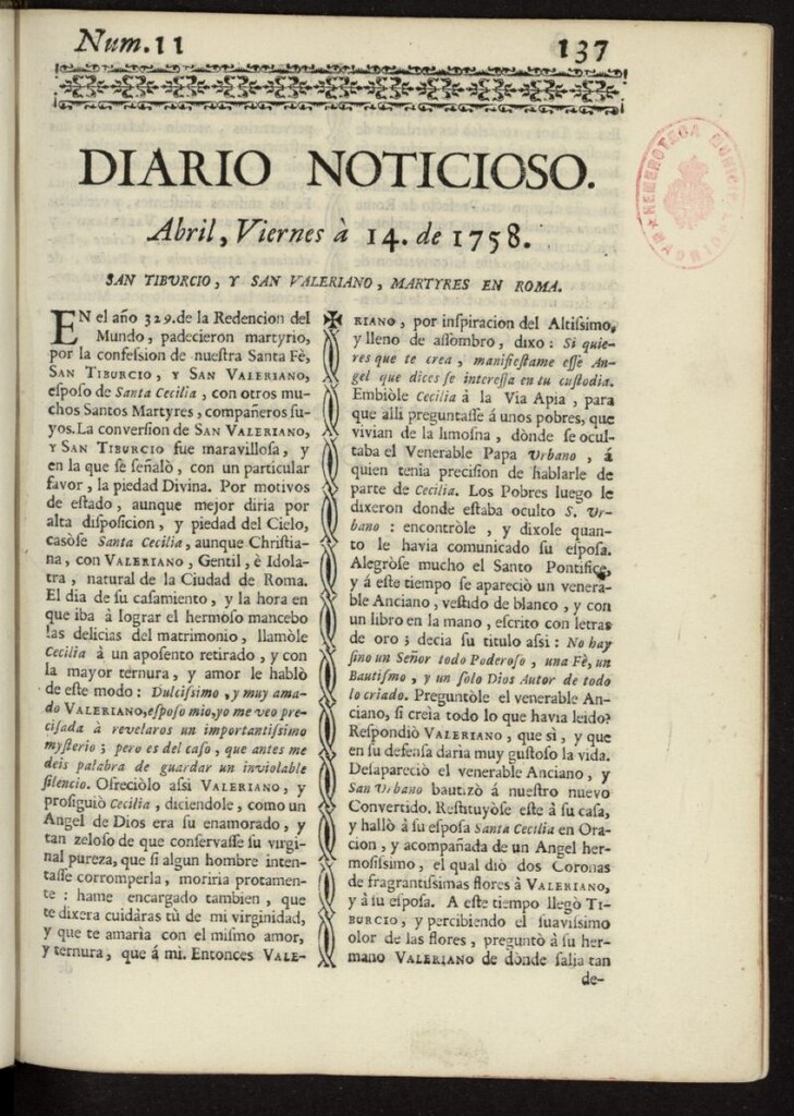 Miniatura de Diario Noticioso, Curioso-Erudito y Comercial del 14 de abril de 1758, nº 11