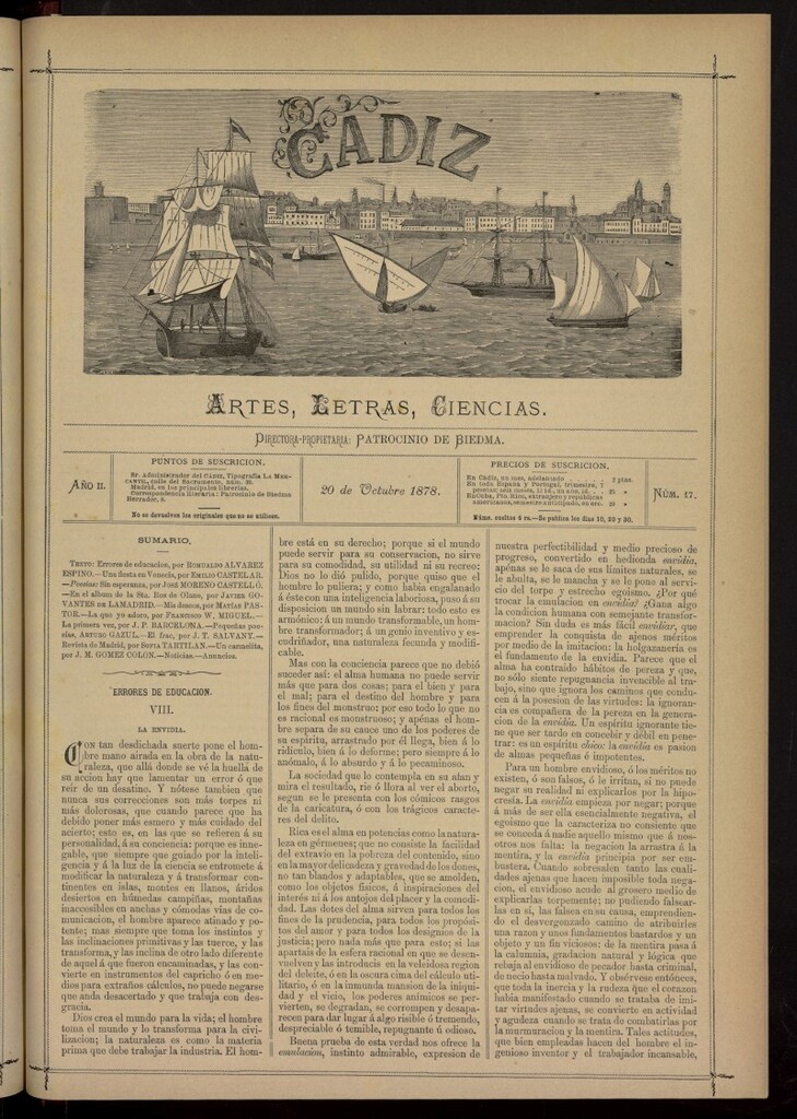 Miniatura de Cádiz: letras, ciencias y artes del 20 de octubre de 1878