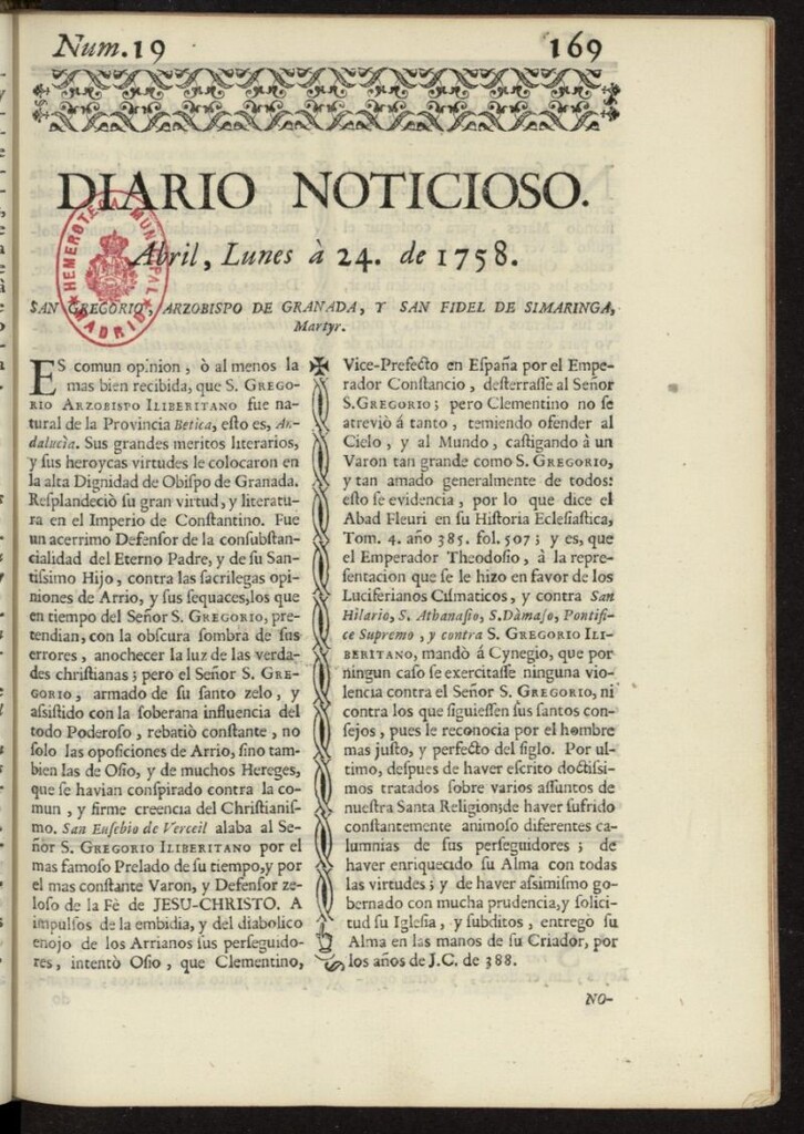Miniatura de Diario Noticioso, Curioso-Erudito y Comercial del 24 de abril de 1758, nº 19