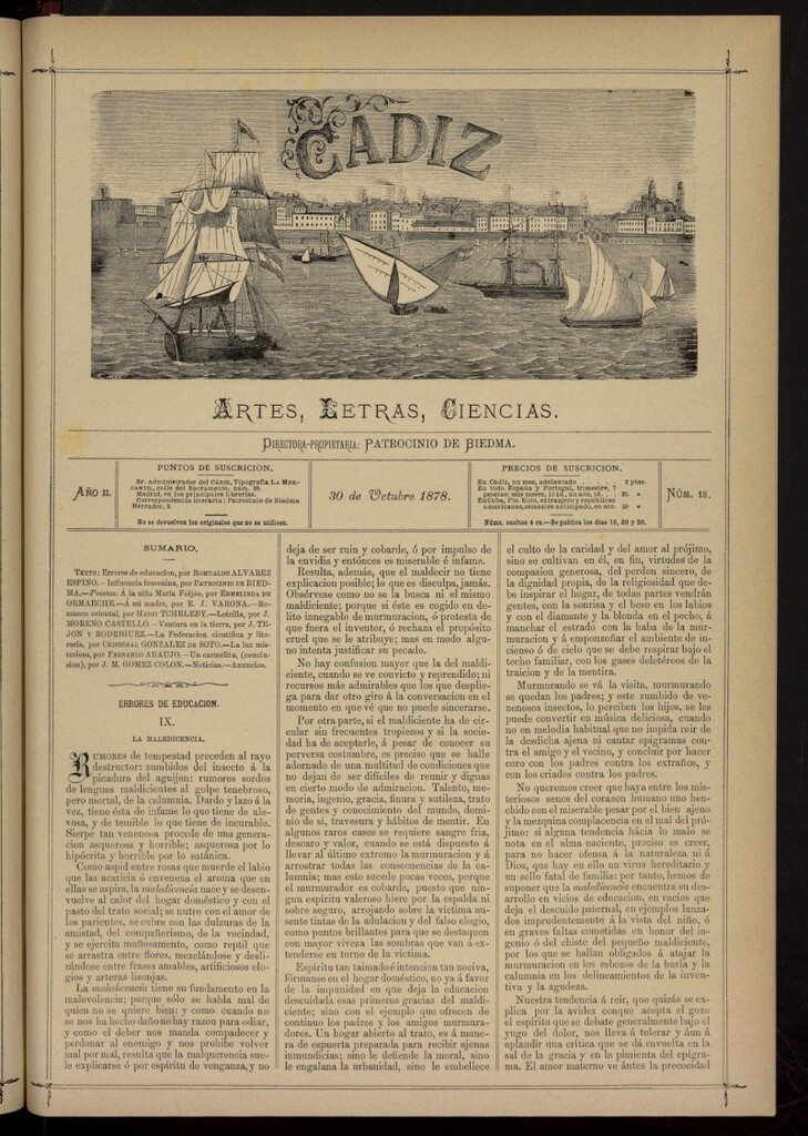 Miniatura de Cádiz: letras, ciencias y artes del 30 de octubre de 1878