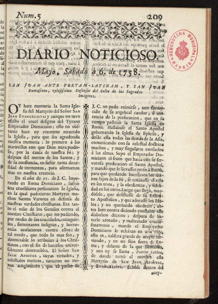 Miniatura de Diario Noticioso, Curioso-Erudito y Comercial del 6 de mayo de 1758, nº 5