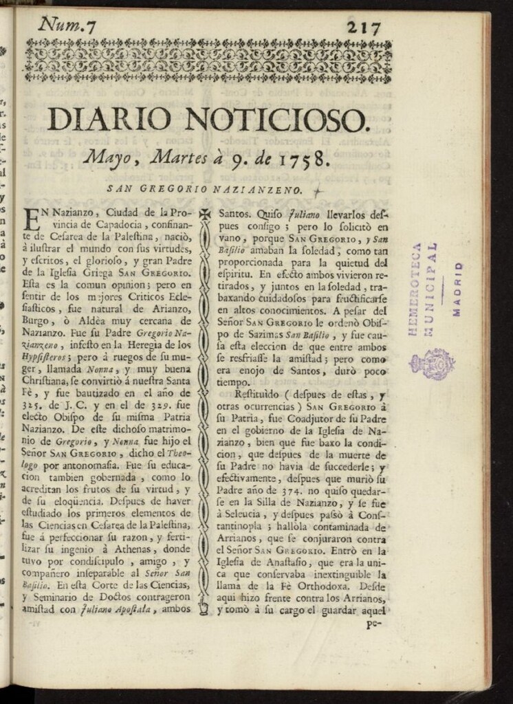 Miniatura de Diario Noticioso, Curioso-Erudito y Comercial del 9 de mayo de 1758, nº 7