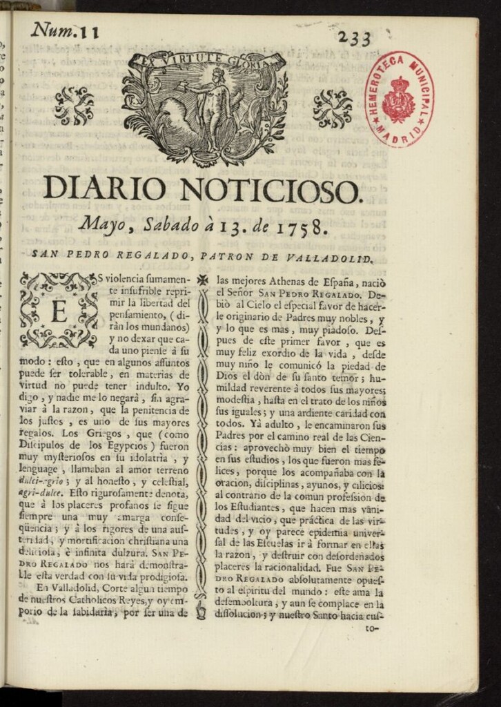 Miniatura de Diario Noticioso, Curioso-Erudito y Comercial del 13 de mayo de 1758, nº 11