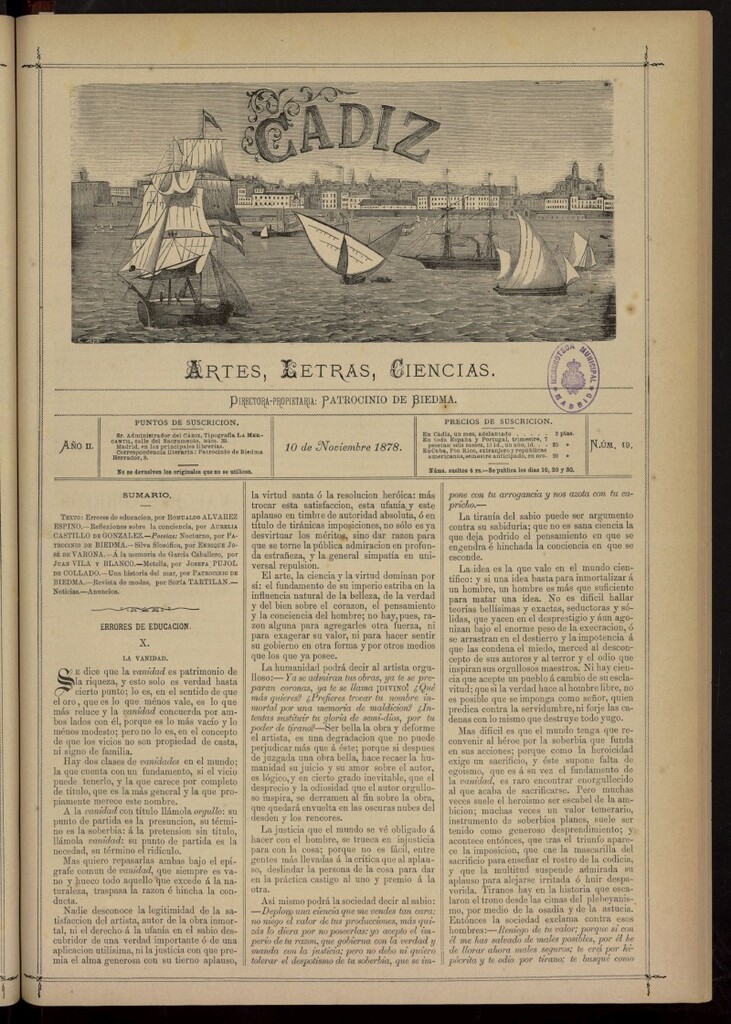 Miniatura de Cádiz: letras, ciencias y artes del 10 de noviembre de 1878