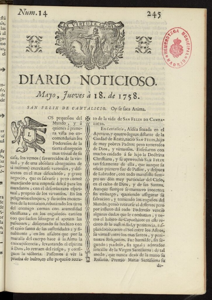 Miniatura de Diario Noticioso, Curioso-Erudito y Comercial del 18 de mayo de 1758, nº 14
