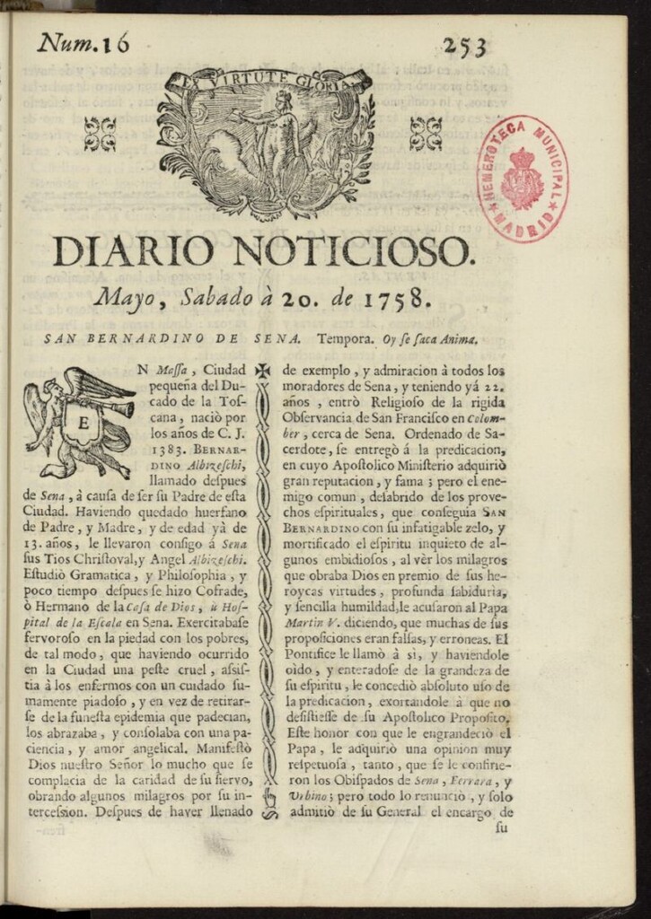 Miniatura de Diario Noticioso, Curioso-Erudito y Comercial del 20 de mayo de 1758, nº 16