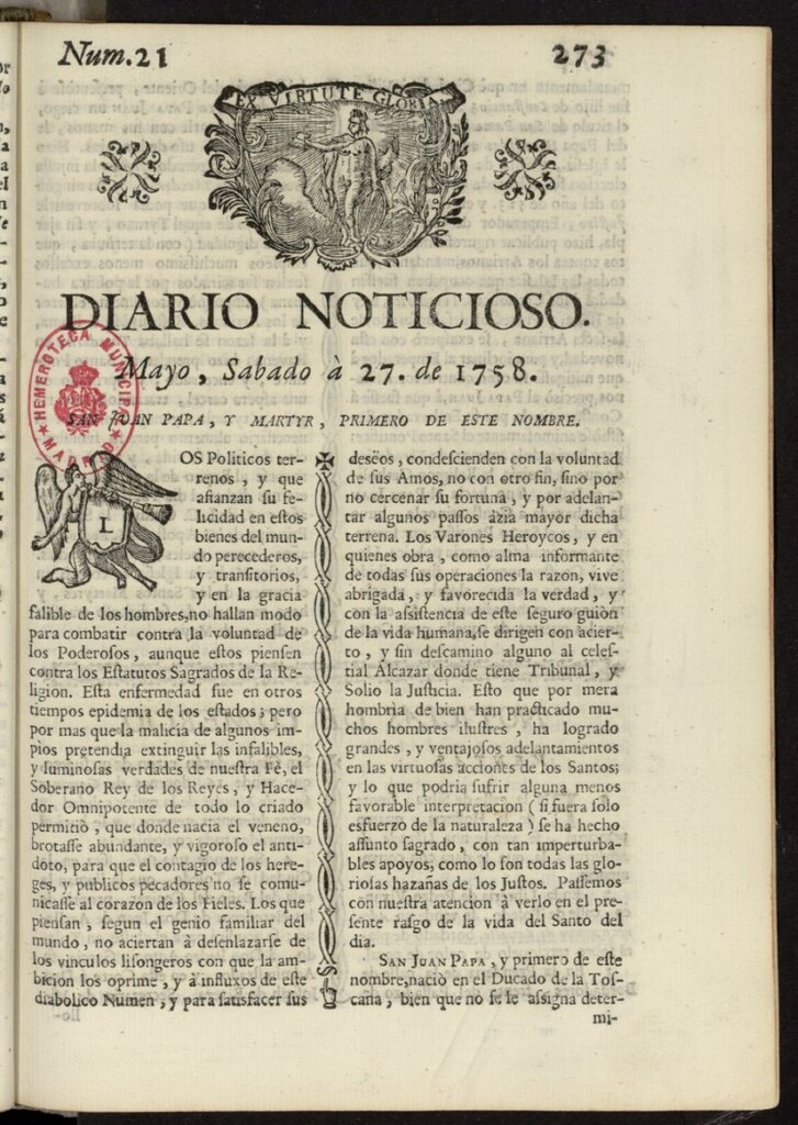 Miniatura de Diario Noticioso, Curioso-Erudito y Comercial del 27 de mayo de 1758, nº 21