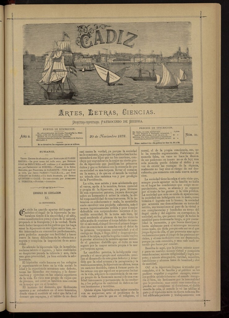 Miniatura de Cádiz: letras, ciencias y artes del 20 de noviembre de 1878