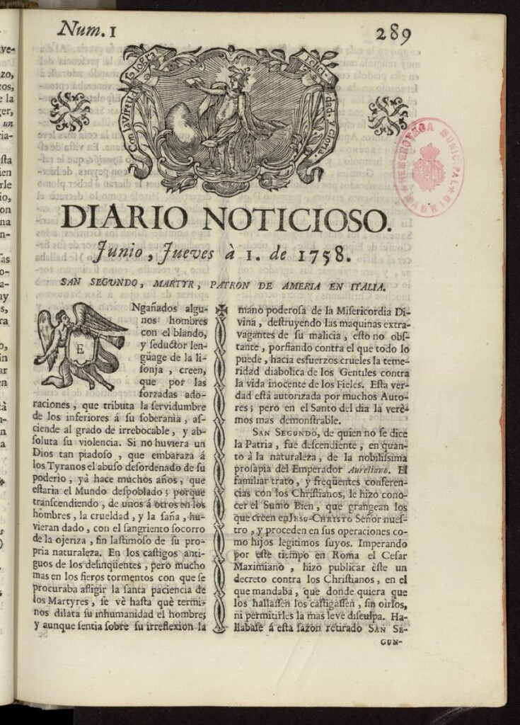 Miniatura de Diario Noticioso, Curioso-Erudito y Comercial del 1 de junio de 1758, nº 1