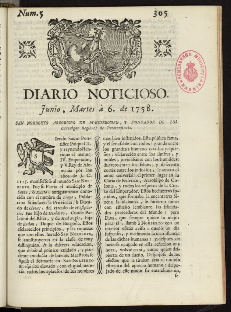 Miniatura de Diario Noticioso, Curioso-Erudito y Comercial del 6 de junio de 1758, nº 5