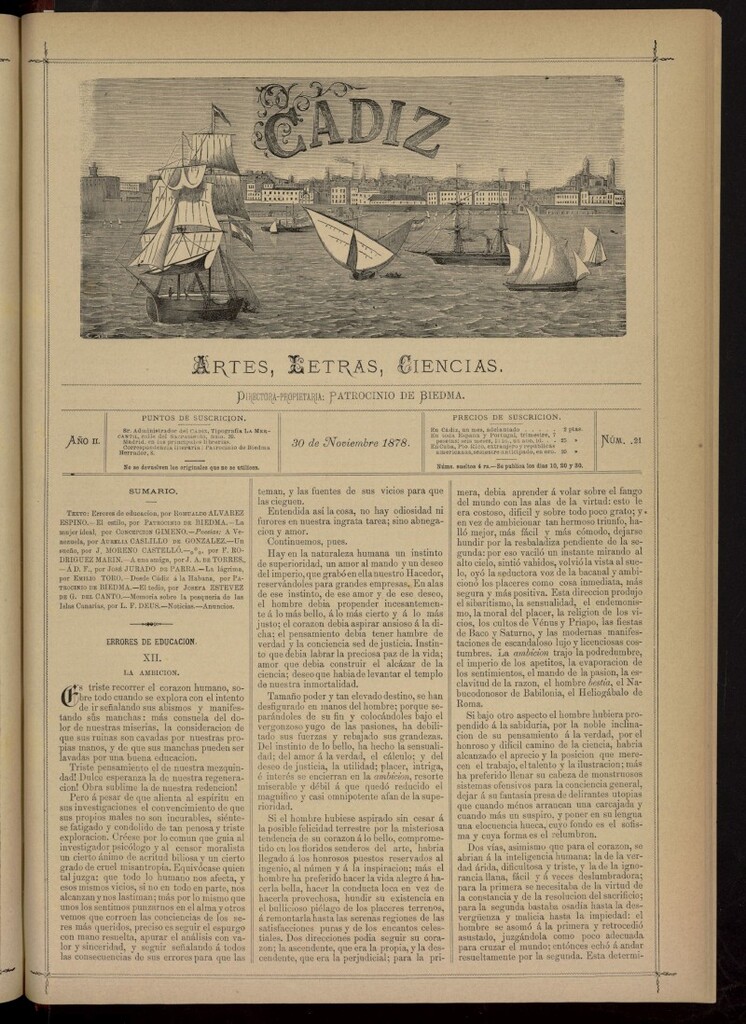 Miniatura de Cádiz: letras, ciencias y artes del 30 de noviembre de 1878