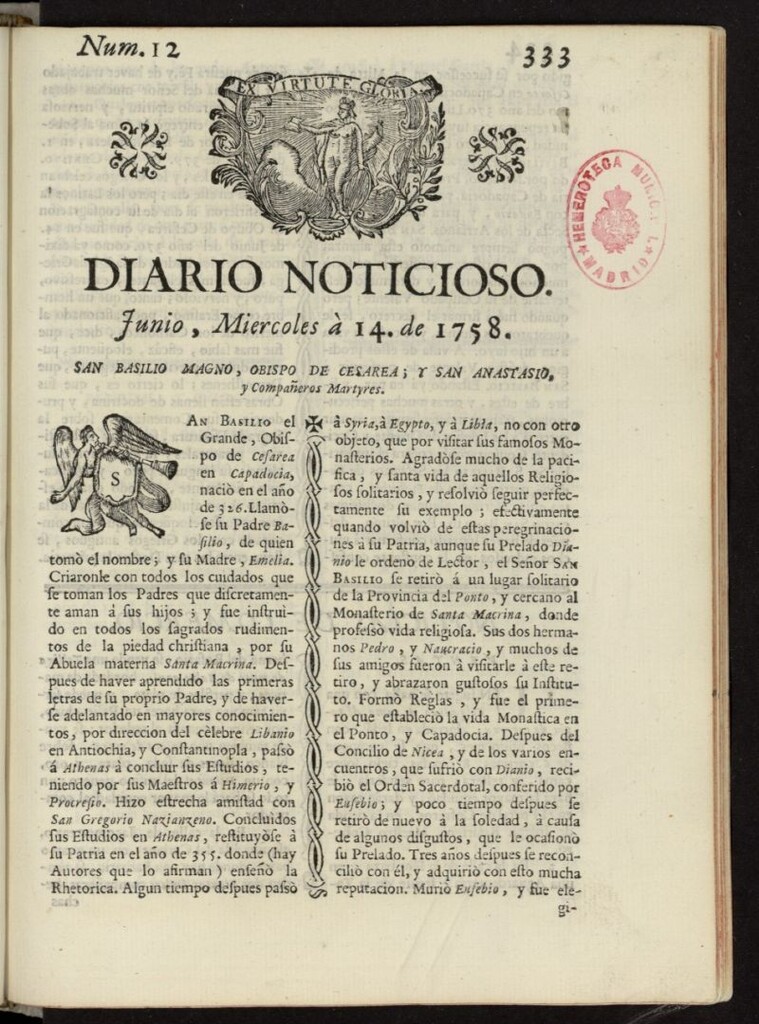 Miniatura de Diario Noticioso, Curioso-Erudito y Comercial del 14 de junio de 1758, nº 12
