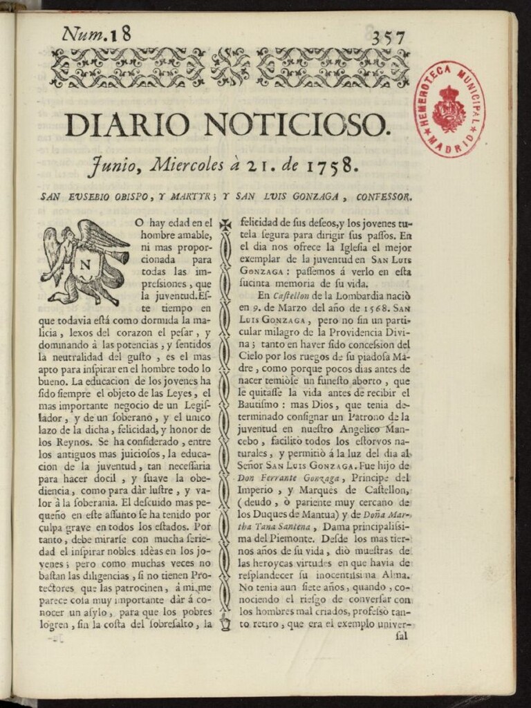 Miniatura de Diario Noticioso, Curioso-Erudito y Comercial del 21 de junio de 1758, nº 18
