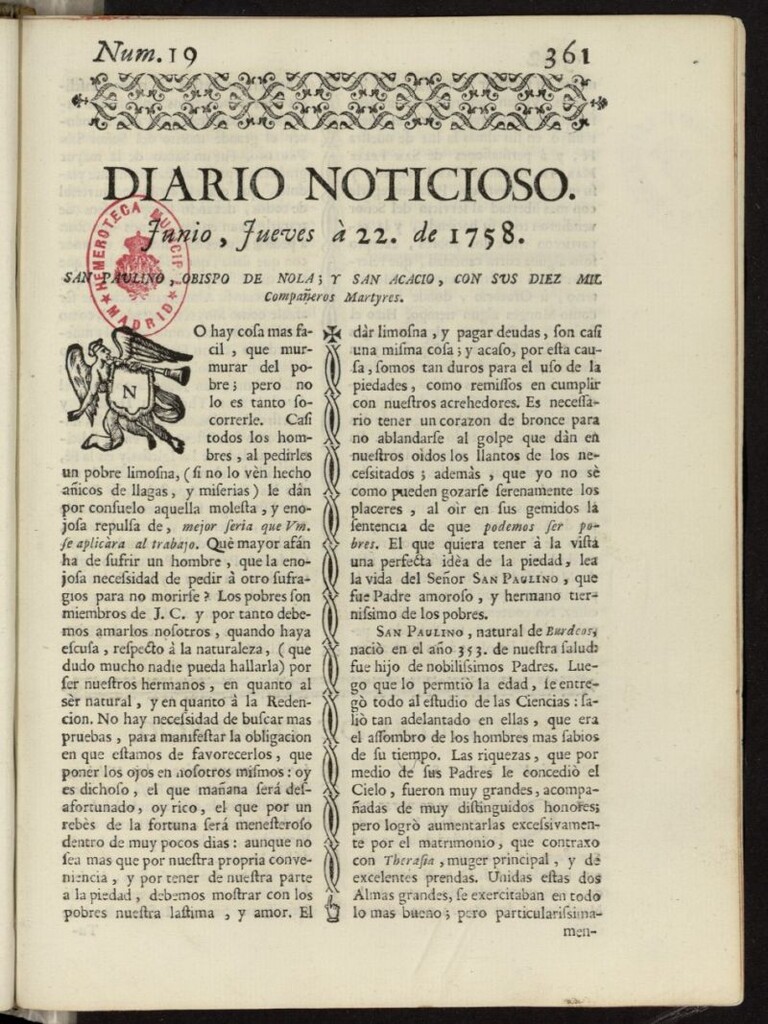 Miniatura de Diario Noticioso, Curioso-Erudito y Comercial del 22 de junio de 1758, nº 19