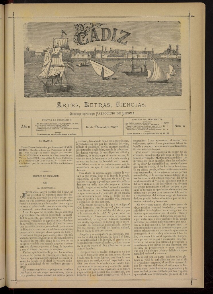 Miniatura de Cádiz: letras, ciencias y artes del 10 de diciembre de 1878