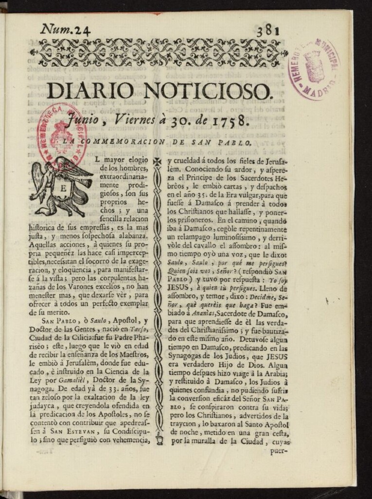 Miniatura de Diario Noticioso, Curioso-Erudito y Comercial del 30 de junio de 1758, nº 24