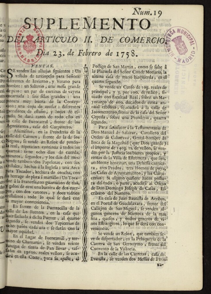 Miniatura de Diario Noticioso, Curioso-Erudito y Comercial del 23 de febrero de 1758, suplemento al nº 19