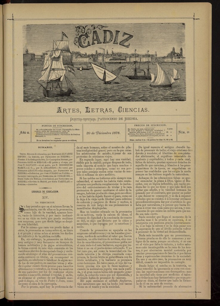 Miniatura de Cádiz: letras, ciencias y artes del 20 de diciembre de 1878
