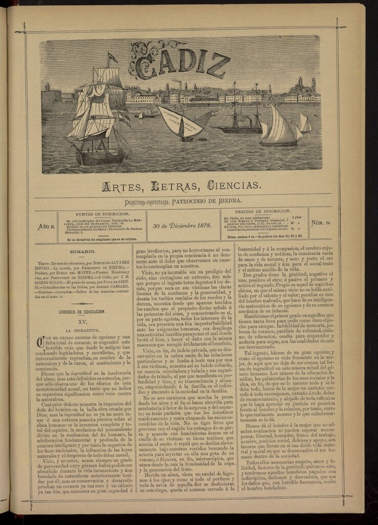 Miniatura de Cádiz: letras, ciencias y artes del 30 de diciembre de 1878