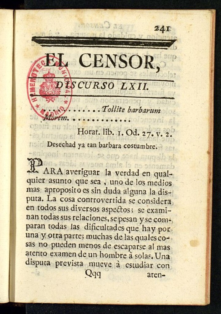 Miniatura de El Censor: obra periódica de 1782, discurso nº 62