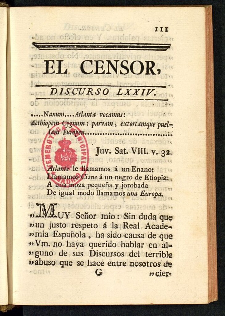 Miniatura de El Censor: obra periódica de 1783, discurso nº 74